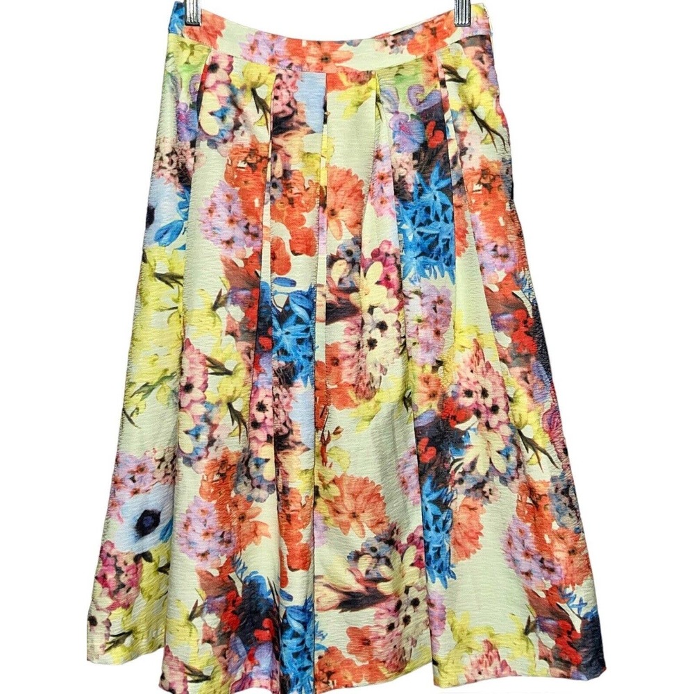 GIANNI BINI SKIRT FLORAL PLEATED MIDI ALINE YELLOW MULTICOLOR EXTRA SMALL XS